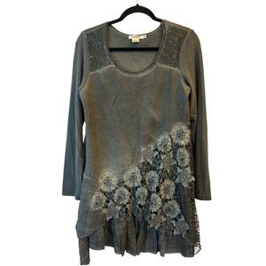 Feratelli embroidered crochet boho top sz S linen blend Lagenlook mixed media